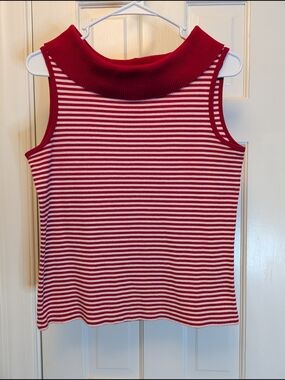 Rafaella Red and White Striped Sleeveless Mock Neck Tank